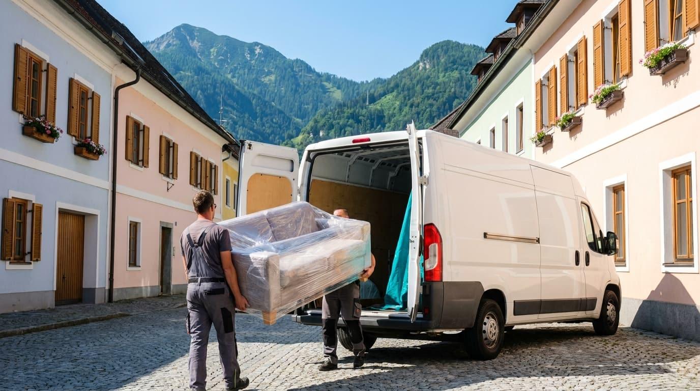 Umzugshelfer von SpeedTransport tragen ein Sofa zum Transporter