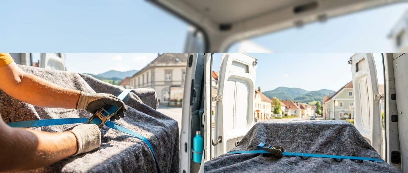 Hände spannen einen Ratschengurt über verpackte Möbel — Ladungssicherung beim Umzug durch SpeedTransport