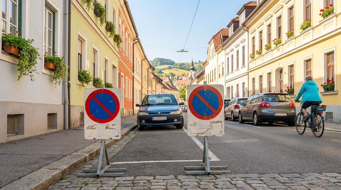 Zwei mobile Halteverbotstafeln vor einem Wohnhaus — Halteverbotszone für den Umzug in Graz und Leoben