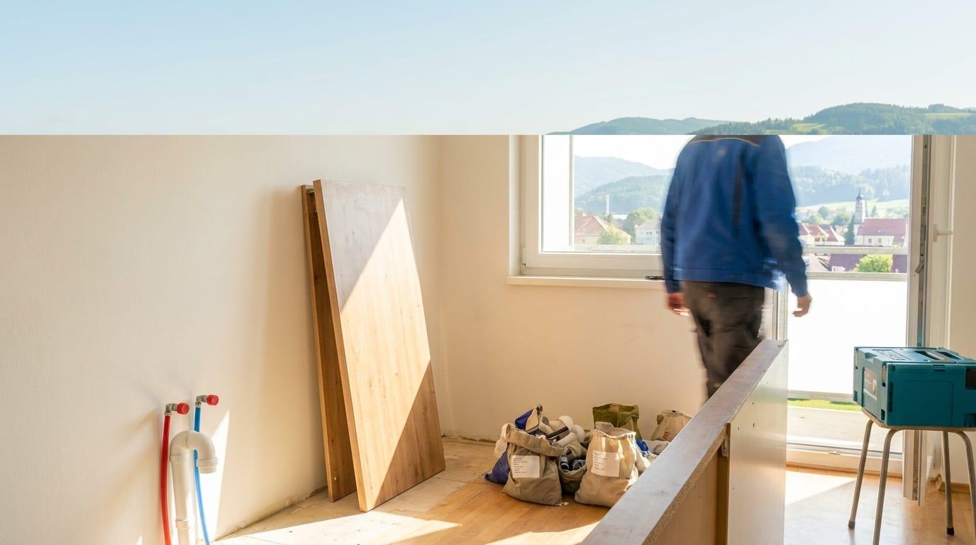 Teilweise demontierte Einbauküche mit abgestellter Arbeitsplatte — Küchenmontage beim Umzug