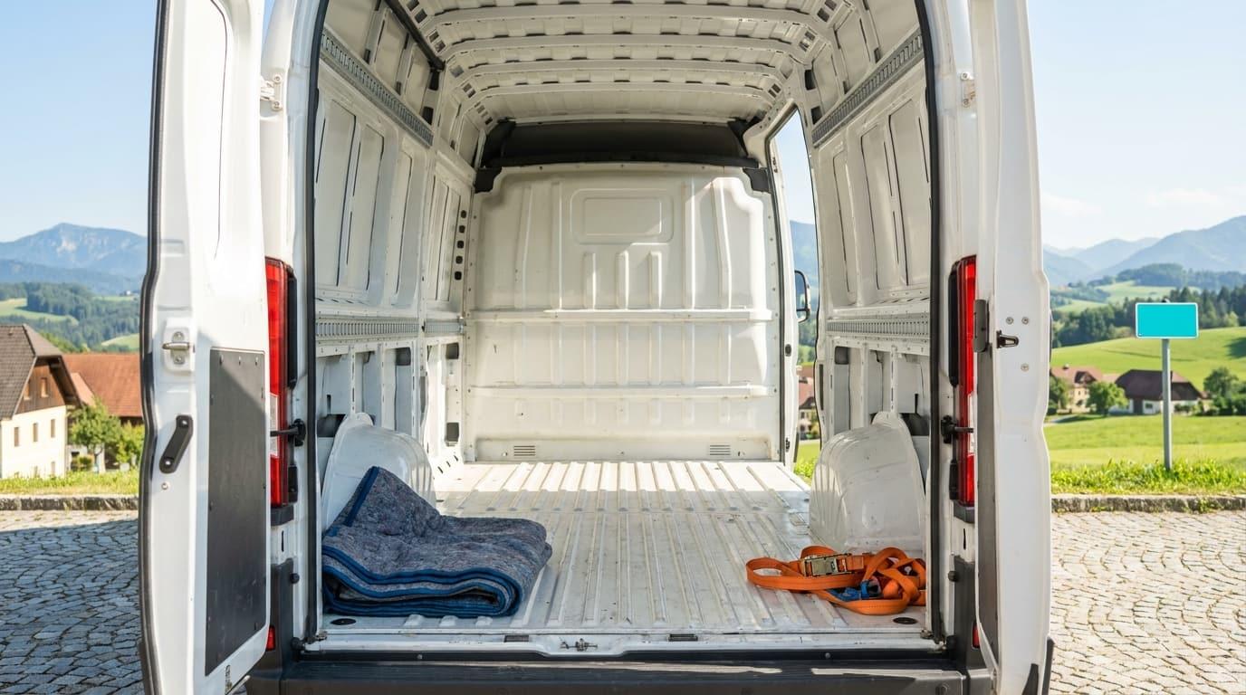 Blick durch die geöffneten Hecktüren in den leeren Laderaum — die richtige Transportergröße beim Mieten finden