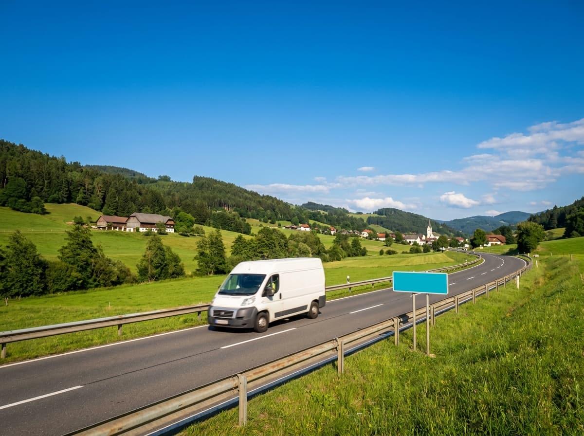 Transporter von SpeedTransport auf einer steirischen Landstraße — Transporte in ganz Österreich und Europa