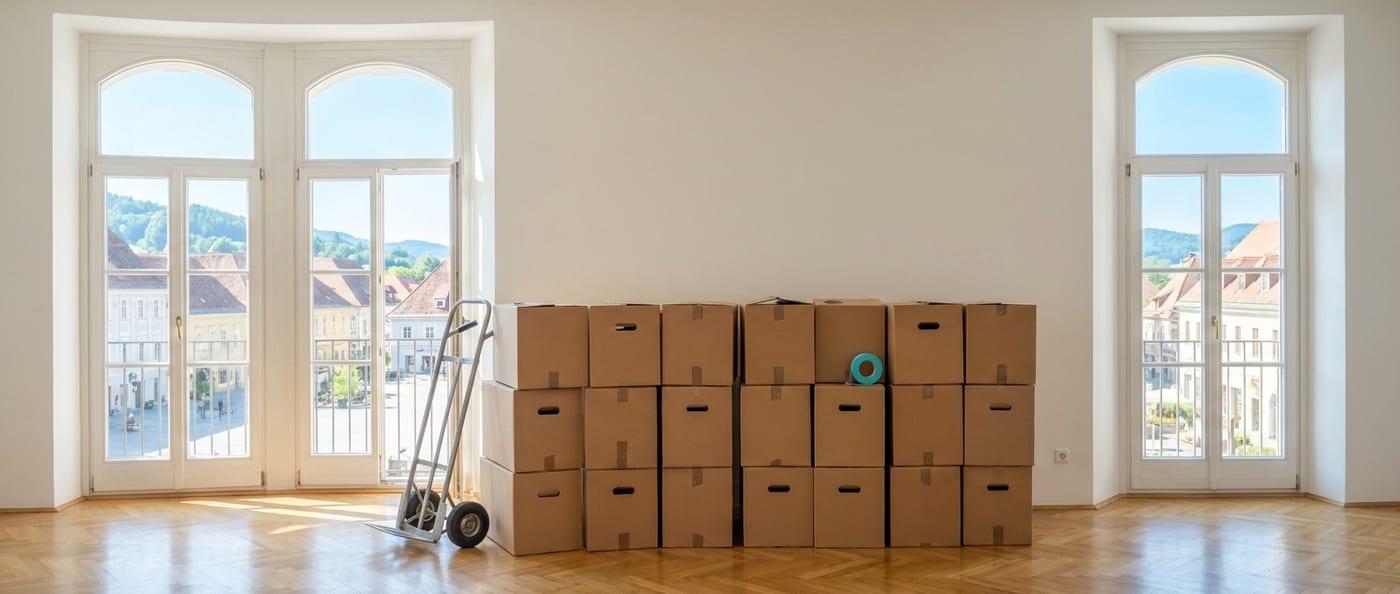 Ordentlich gestapelte Umzugskartons in einer leeren Altbauwohnung, bereit für die Übersiedlung