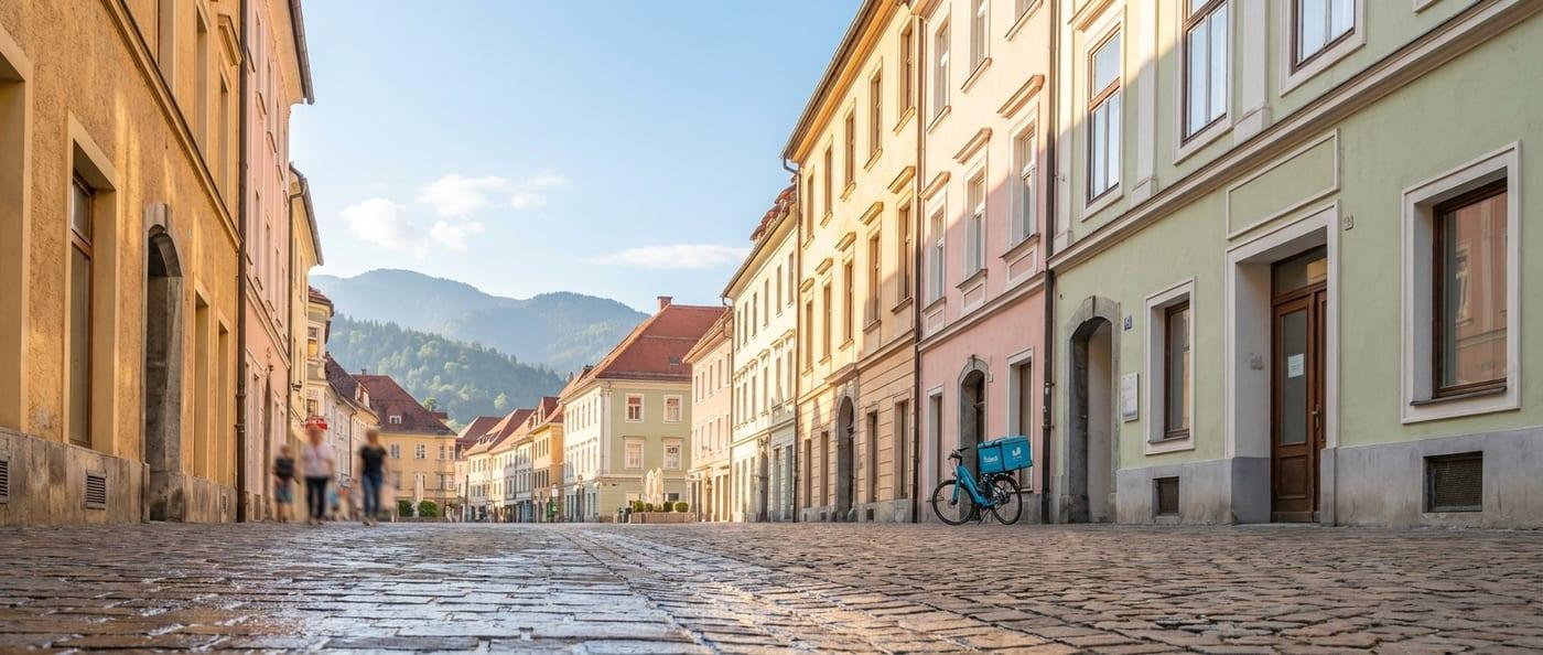 Pastellfassaden am Leobener Hauptplatz in der Abendsonne — Innenstadtlage im Umzugsgebiet von SpeedTransport