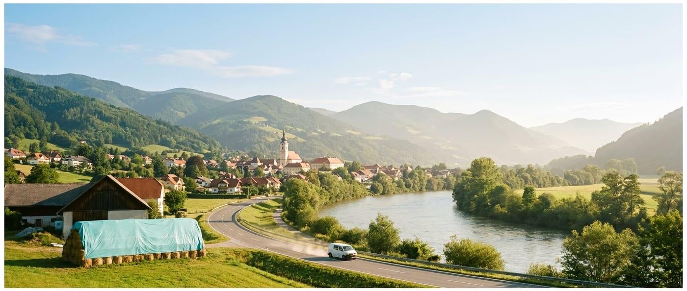 Panorama des Murtals mit Fluss und Landstraße — Einsatzgebiet von SpeedTransport zwischen Leoben und Judenburg