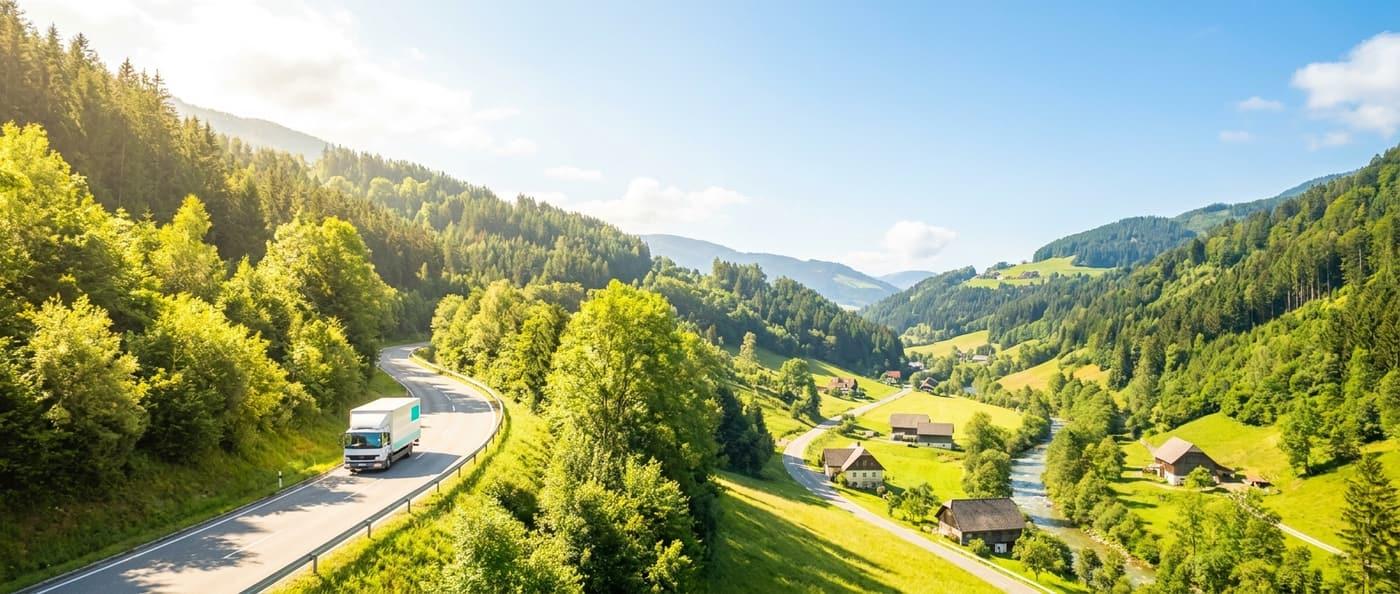 Koffer-LKW auf einer kurvigen Talstraße in der Steiermark — Transporte von SpeedTransport aus Leoben