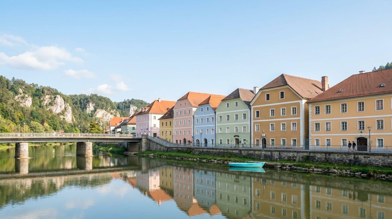 Frohnleiten an der Mur mit der Häuserzeile über dem Fluss — Umzugsgebiet zwischen Leoben und Graz