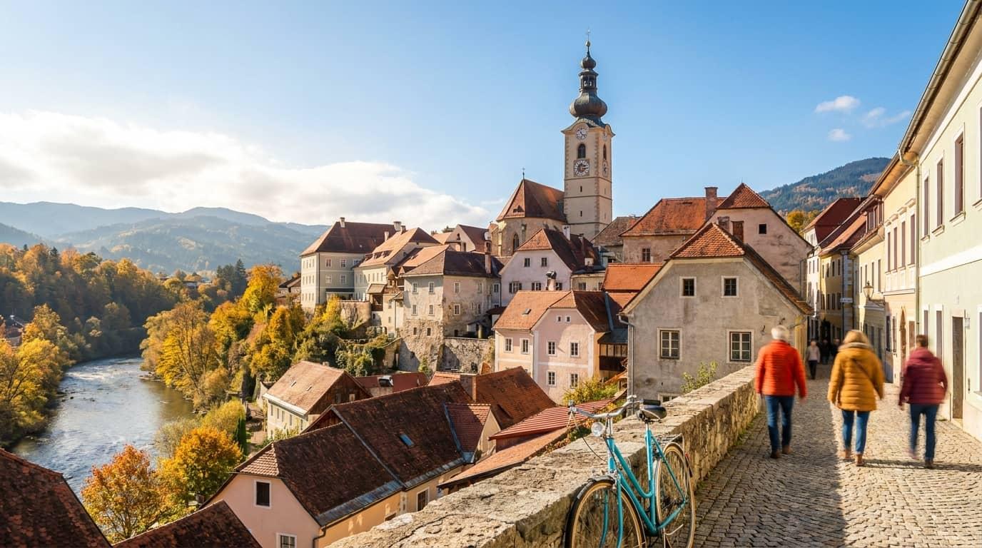 Historischer Stadtkern von Judenburg mit dem Stadtturm über dem Murtal — Umzüge im Bezirk Murtal
