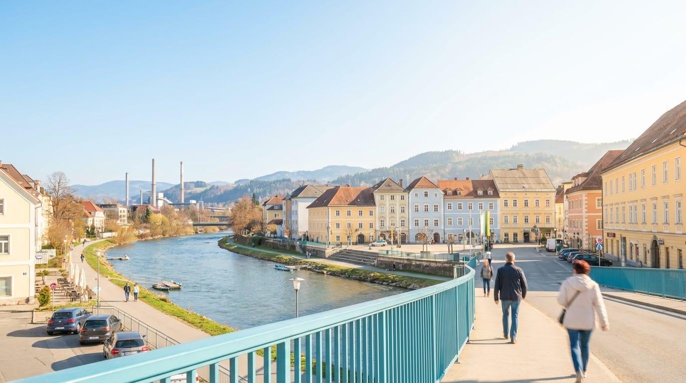 Blick auf Leoben mit der Altstadt an der Mur und den Bergen des Talkessels — Firmensitz von SpeedTransport
